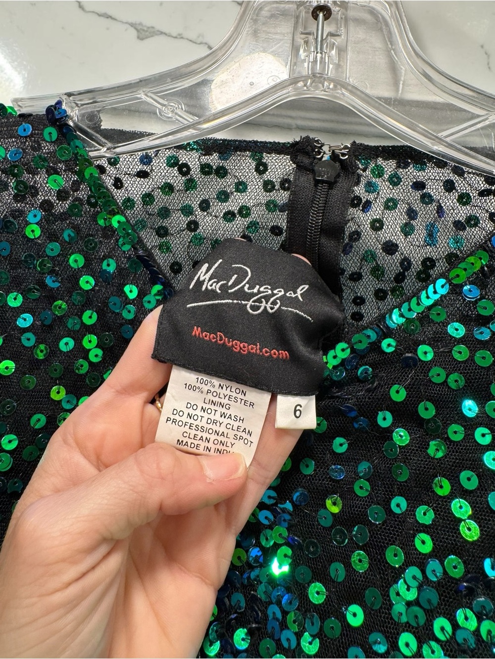 Mac Duggal Green and Blue Iridescent Sequin Long-Sleeve Dress - Picture 6 of 6